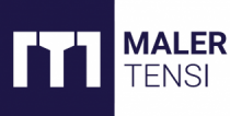 Logo von Maler Tensi, der Malerbetrieb aus Düsseldorf. Stilisiertes "MT" in Weiß auf dunkelblauem Hintergrund, daneben der Firmenname "Maler Tensi" in dunkelblauer Schrift.