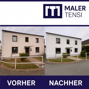 Fassadensanierung Düsseldorf Vorher-Nachher durch Maler Tensi: Links schadhafter Zustand, rechts perfekt sanierte Fassade