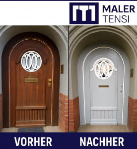 Naturholztür Renovierung Düsseldorf Vorher-Nachher UV-Schäden deckende Beschichtung Maler Tensi