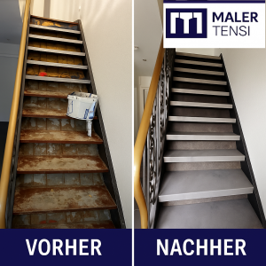 Treppensanierung Düsseldorf Vorher-Nachher Vinyl-Fertigstufen Hafa durch Maler Tensi professionelle Renovation