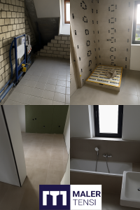 Collage der Fliesenarbeiten in fünf Bädern, vier Küchen und zwei WCs in der Düsseldorfer Altstadt durch Maler Tensi
