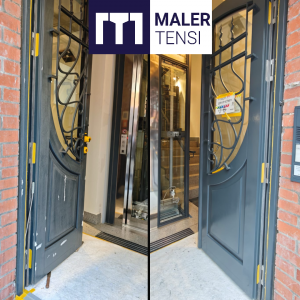 Über 170 Fenster und zahlreiche Türen in einem denkmalgeschützten Gebäude im Düsseldorfer Hafen wurden durch Maler Tensi vollständig restauriert und neu lackiert.