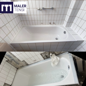 Badsanierung Wasserschaden Düsseldorf Wannenleck vorher nachher Maler Tensi professionelle Sanierung Abdichtung